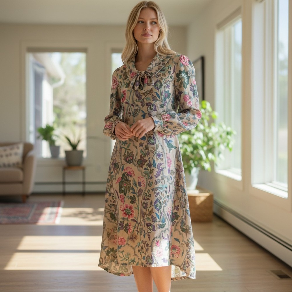 Vintage 100% Pure Wool Floral Bird Paisley Midi Dress Bow Collar Lined